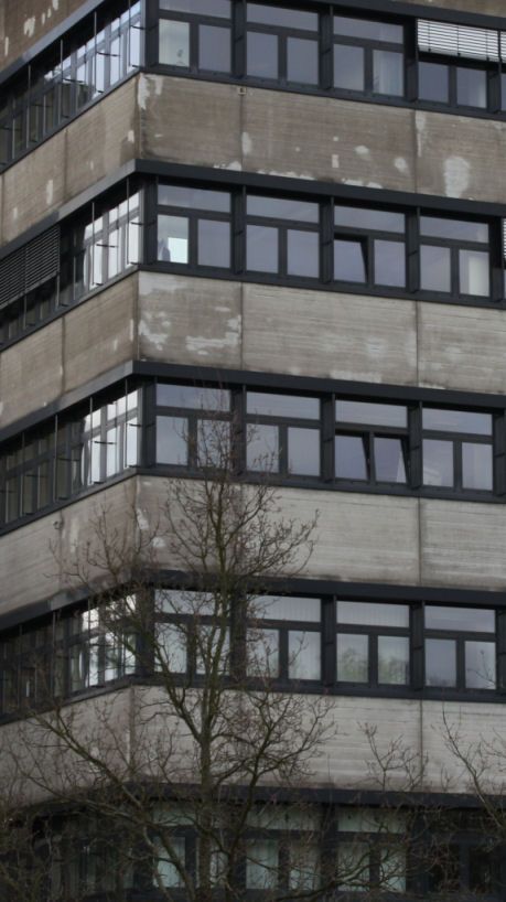 Graues Verwaltungsgebäude aus Beton