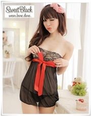 Strapless Lace Babydoll Nightie with Red Bow Front (Black)-Strapless Lace Babydoll Nightie with Red Bow Front (Black)