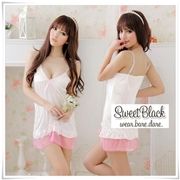 *Instock* Demure Frill Hem Satin Chemise Nightie (White & Pink)-*Instock* Demure Frill Hem Satin Chemise Nightie (White & Pink)