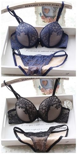 Contrast Lace Mortif Bra Set (Blue, Black - 70A, 70B, 75A, 75B, 80A, 80B)-Contrast Lace Mortif Bra Set (Blue, Black - 70A, 70B, 75A, 75B, 80A, 80B)