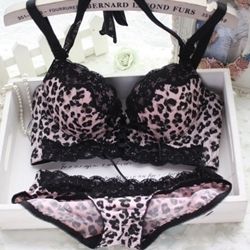 Leopard Print Black Lace Sexy Bra Set (Pink - 70A, 70B, 75A, 75B, 80A, 80B)-Leopard Print Black Lace Sexy Bra Set (Pink - 70A, 70B, 75A, 75B, 80A, 80B)