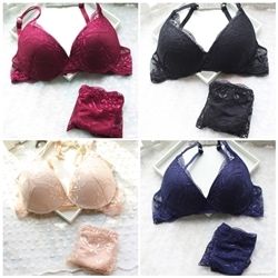 Plunging V Neck Lace Bra Set (Black, Blue, Apricot, Wine Red - 70A, 70B, 75A, 75B, 80A, 80B)- Plunging V Neck Lace Bra Set (Black, Blue, Apricot, Wine Red - 70A, 70B, 75A, 75B, 80A, 80B)