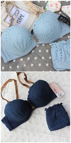 Frill Strap Button Ornate Bra Set (Light Blue, Dark Blue - 70A, 70B, 75A, 75B, 80A, 80B)-Frill Strap Button Ornate Bra Set (Light Blue, Dark Blue - 70A, 70B, 75A, 75B, 80A, 80B)