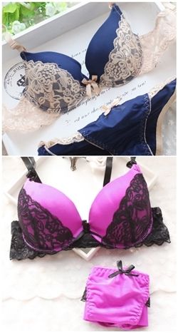 Ribbon Ornate Front Contrast Color Lace Bra Set (Blue, Purple - 70A, 70B, 75A, 75B,)-Ribbon Ornate Front Contrast Color Lace Bra Set (Blue, Purple - 70A, 70B, 75A, 75B,)