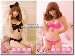 Stars Studde Frilly Bra Set (Black, Fuchsia Pink - 32/70B 34/75B)-Stars Studde Frilly Bra Set (Black, Fuchsia Pink - 32/70B 34/75B)