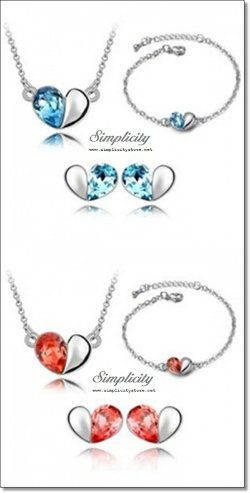 Intimate Love Crystal Heart Accessories Set with Pendant, Earrings, Bracelet (Aquamarine Blue, Hyacinth Red)-Intimate Love Crystal Heart Accessories Set with Pendant, Earrings, Bracelet (Aquamarine Blue, Hyacinth Red)