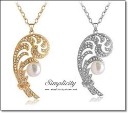 Vintage Pearl Feather Crystal Pendant (Gold, Silver)-Vintage Pearl Feather Crystal Pendant (Gold, Silver)